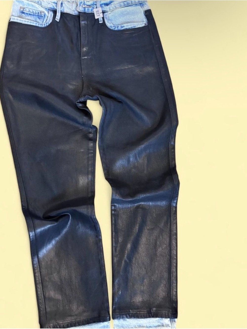 Frame Denim Black Leather-Front Jeans with Light Blue Denim Accents
